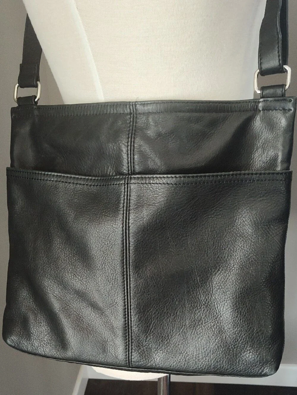 Margot Rich Black Leather Messenger Crossbody Bag With Silver Accents
